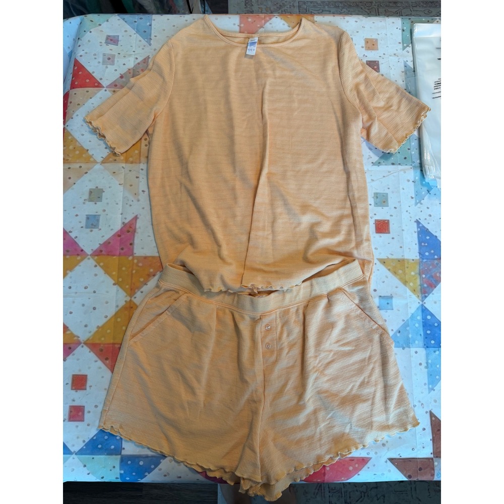 Stars Above Womens Peach Orange Waffle Knit Pajama Set Shorts Top Medium